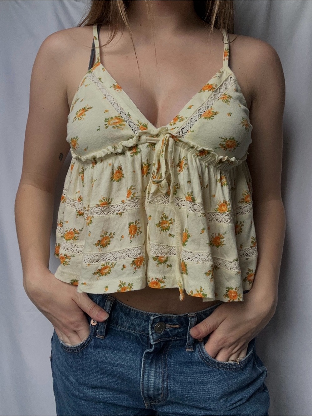 Kimchi Blue Cream Spaghetti Strap Yellow and Orange Floral Top